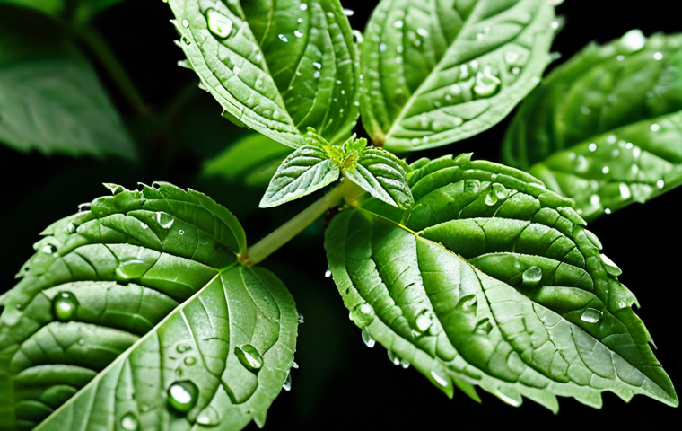 A vibrant, close-up shot of a lush Tulsi plant (holy basil) with dew drops on its leaves, symbolizing its use in treating coughs and colds in traditional herbal medicine. Focus on the texture and detail of the leaves to emphasize its natural healing properties.