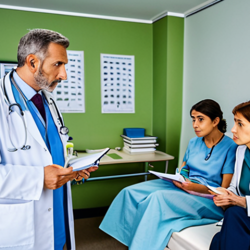 Home 14 **
A busy morning in a doctor's chamber. Several fully clothed patients are waiting, some with worried expressions. The doctor, in professional attire, is engaged in a discussion with a patient, taking notes. The chamber is modestly furnished and well-lit. Safe for work, appropriate content, perfect anatomy, natural proportions, professional, family-friendly.
**