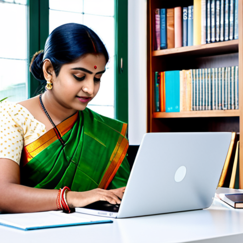 한의사와 침구학 - **Subject:** A professional Bengali woman, fully clothed in a traditional saree, working on a laptop...