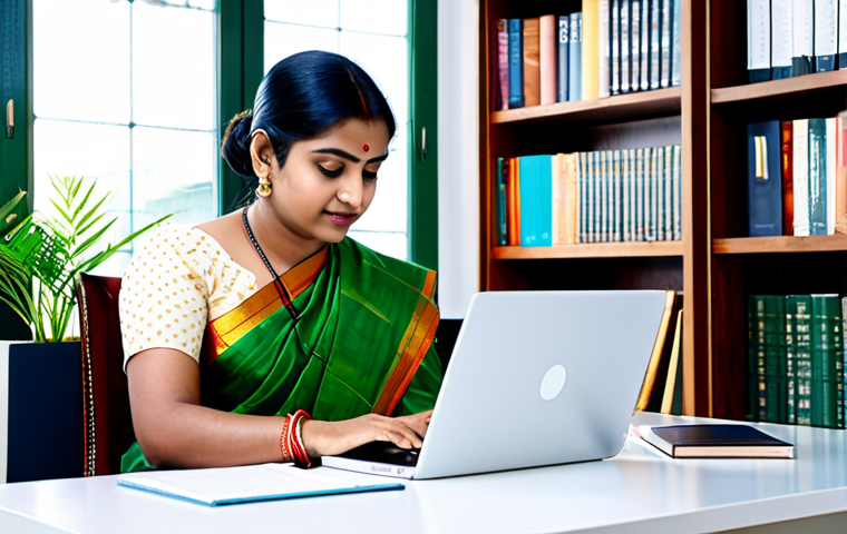 한의사와 침구학 - **Subject:** A professional Bengali woman, fully clothed in a traditional saree, working on a laptop...