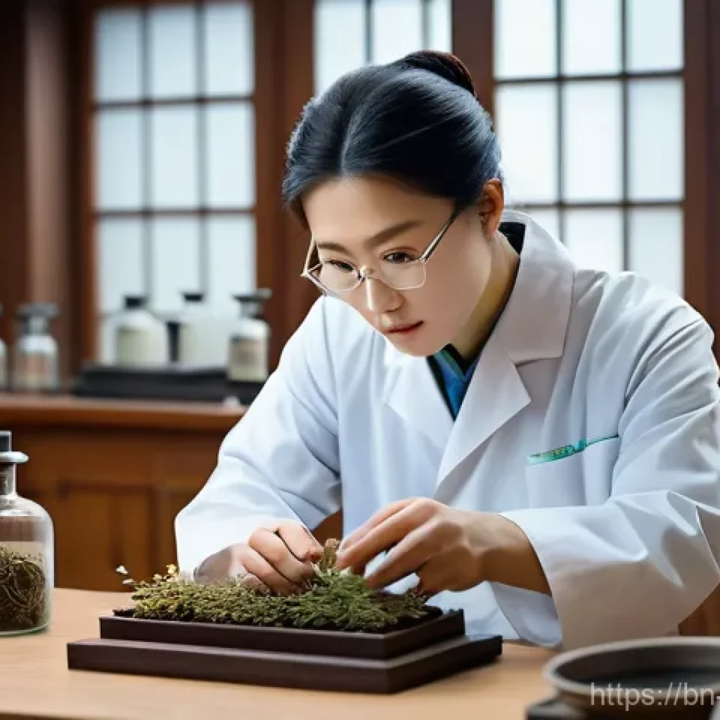 한의학 연구 논문 정리 - A serene laboratory setting where modern scientific equipment (microscopes, beakers) coexists with e...
