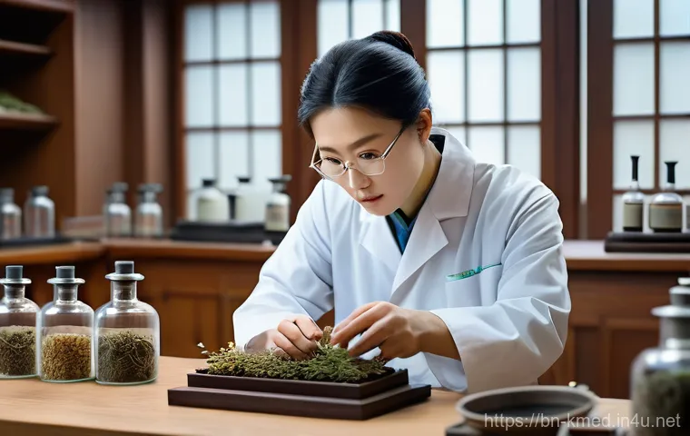 한의학 연구 논문 정리 - A serene laboratory setting where modern scientific equipment (microscopes, beakers) coexists with e...