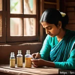 Home 19 한의사와 응급상황 대처법 - A serene Bengali woman calmly administering homeopathic remedies in a cozy, traditional Bengali home...