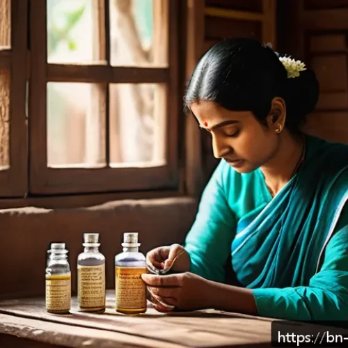 Home 31 한의사와 응급상황 대처법 - A serene Bengali woman calmly administering homeopathic remedies in a cozy, traditional Bengali home...