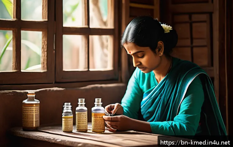 한의사와 응급상황 대처법 - A serene Bengali woman calmly administering homeopathic remedies in a cozy, traditional Bengali home...