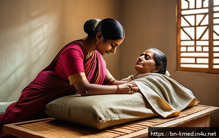 한의학과 침술 치료 - A serene indoor scene depicting a Bengali woman receiving acupuncture therapy for stress relief, wea...