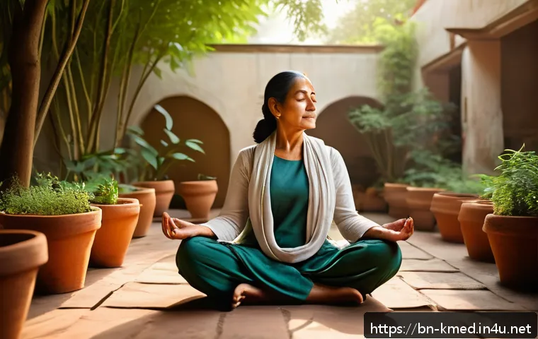 한의사와 전문 의료 협력 - A serene scene of a Bengali middle-aged woman practicing morning yoga and meditation in a traditiona...