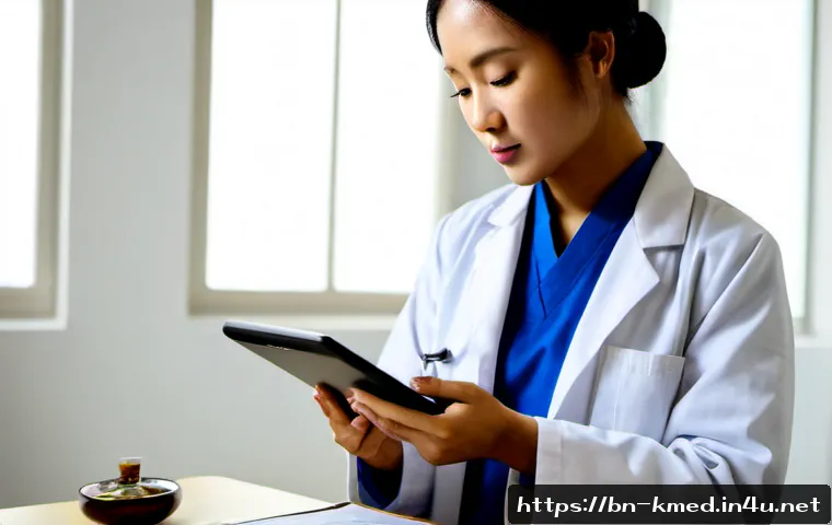 Home 17 한의사와 임상 기록 관리 - Photorealistic East Asian traditional medicine practitioner in a neat white clinic coat reviewing a ...