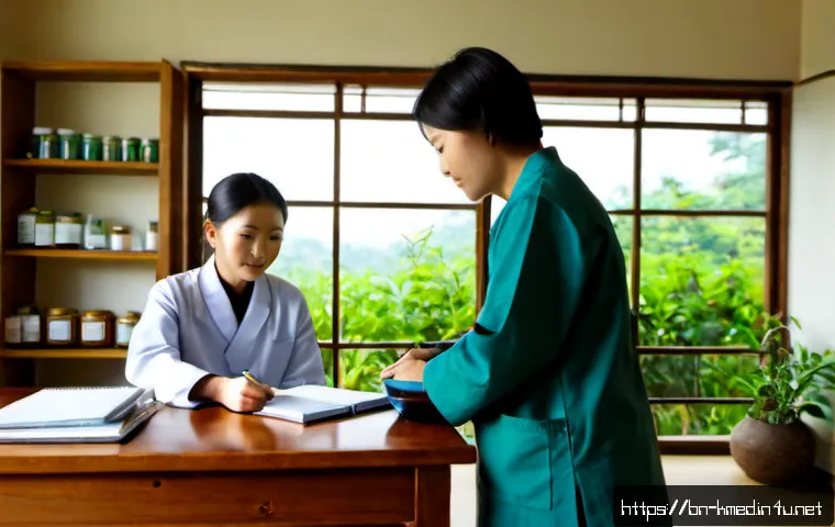 한의사로서 환자 관리 비법 - Photorealistic Korean medicine practitioner in a clean, welcoming consultation room, warmly listenin...